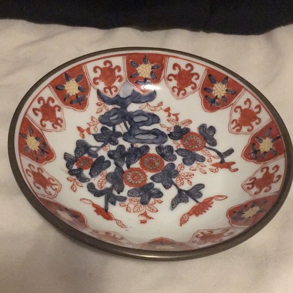 Dining Antique Brass And Porcelain Japanese Bowl Dish Red And Blue